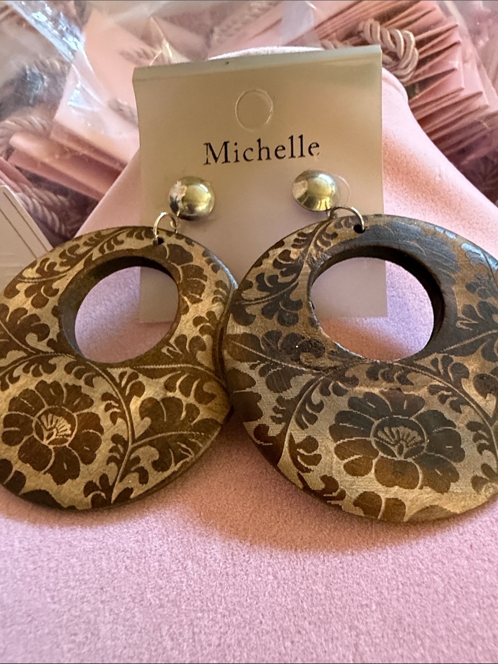Michele Brown Floral Wooden 2.5” Drop Earrings, (J0208)